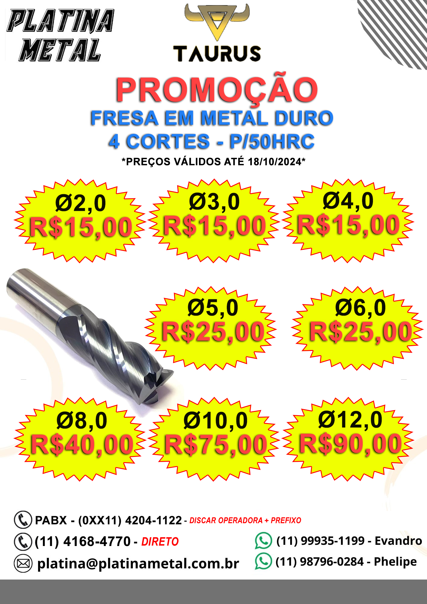 Promoção Fresas de Metal Duro 50HRC